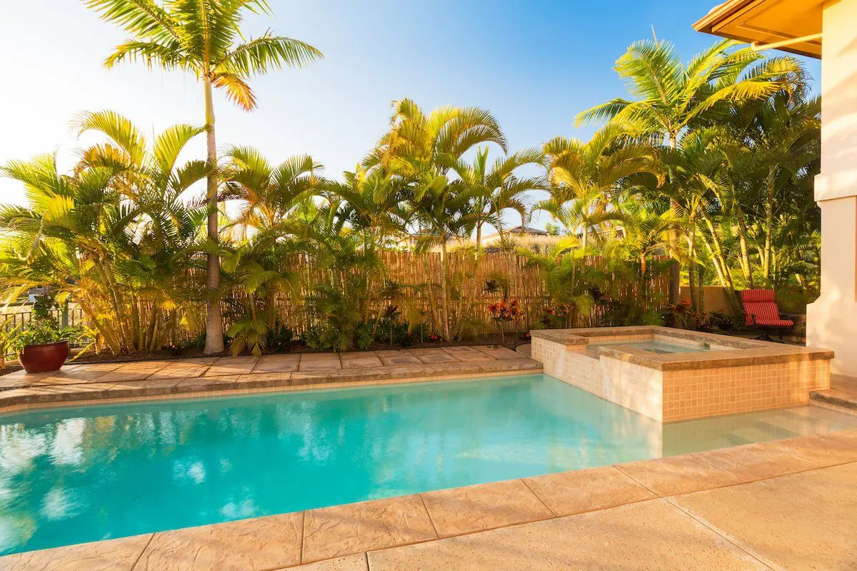 A tranquil backyard scene featuring a swimming pool with stamped concrete pool decks and a hot tub to the right. The pool is surrounded by lush tropical foliage, including tall palm trees. The sky is clear and the warm sunlight casts a golden hue over the entire area. Contact Reno Concrete Solutions for free quotes.