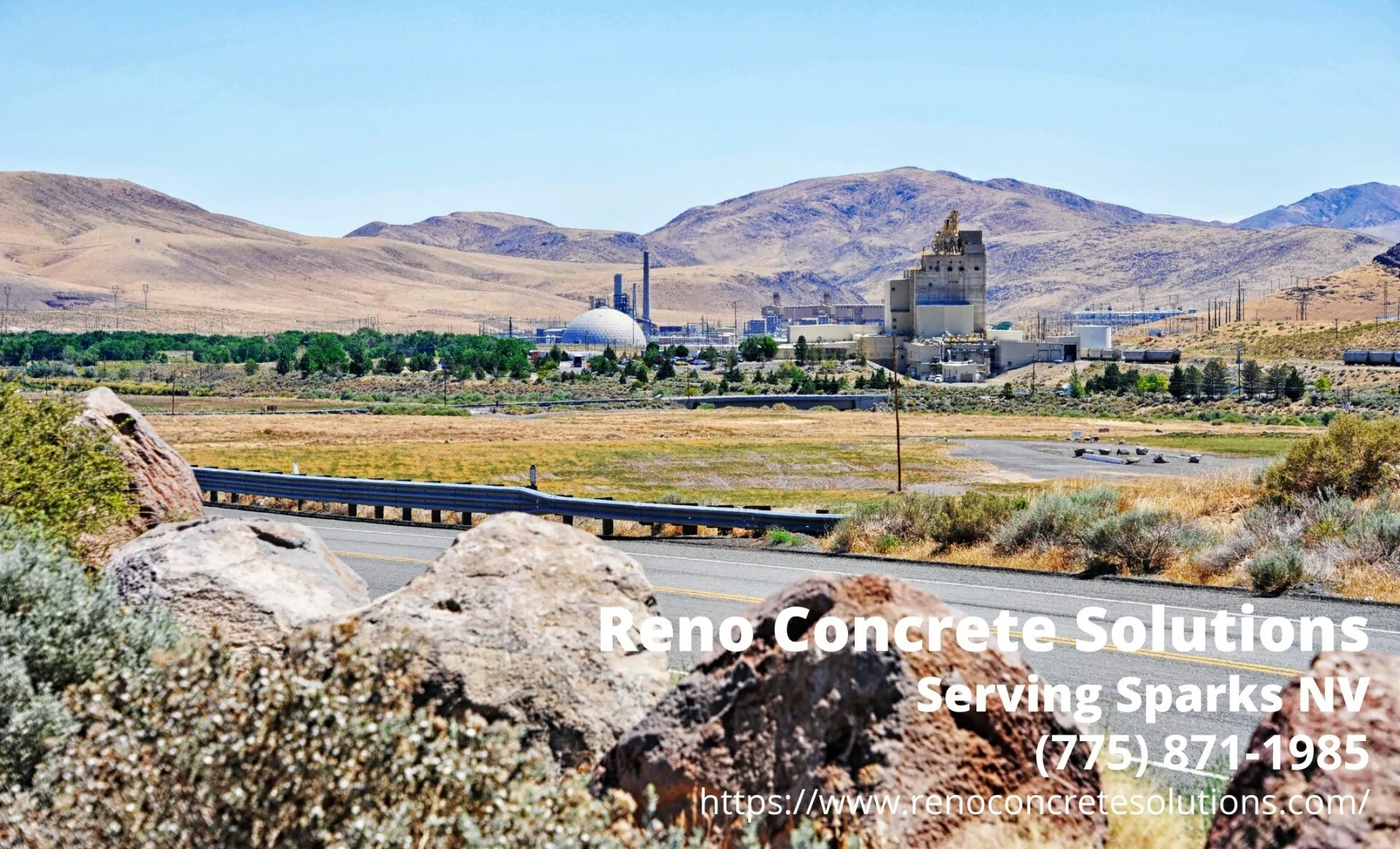the industrial region in Sparks, NV with text by Reno Concrete Solutions, a concrete company serving Sparks, NV